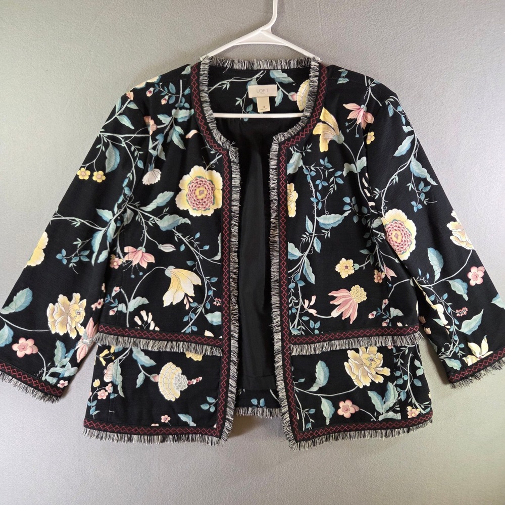 Loft Black Floral Fringe Open Front Jacket 14 Botanical Tapestry Boho Artsy